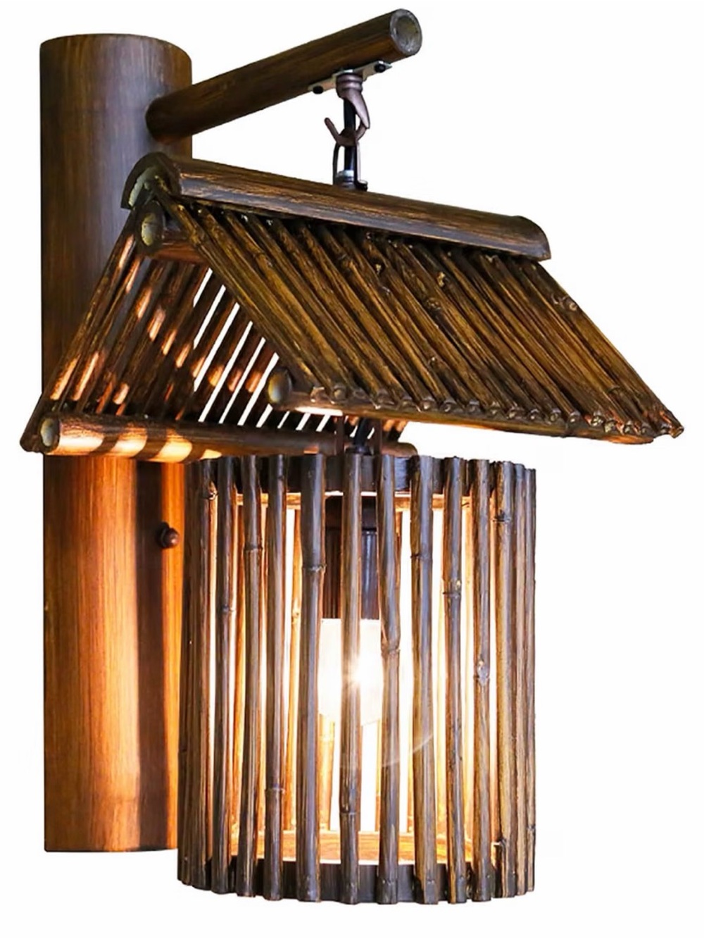 Bamboo Wall Sconce Handmade Woven Rustic Boho Asian Style Light